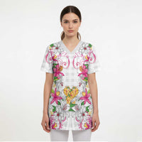 Hawaii Palaka Scrub Top White Tribal Pattern With Tropical Flowers - Polynesian Pride