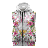 Hawaii Palaka Sleeveless Zip Hoodie White Tribal Pattern With Tropical Flowers - Polynesian Pride