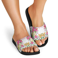 Hawaii Palaka Slide Sandals White Tribal Pattern With Tropical Flowers - Polynesian Pride