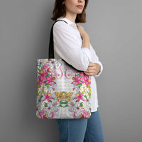 Hawaii Palaka Tote Bag White Tribal Pattern With Tropical Flowers - Polynesian Pride
