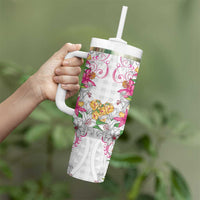 Hawaii Palaka Tumbler With Handle White Tribal Pattern With Tropical Flowers - Polynesian Pride