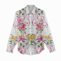 Hawaii Palaka Women Casual Shirt White Tribal Pattern With Tropical Flowers - Polynesian Pride