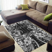 Hawaii Palaka Area Rug Black Tribal Pattern With Tropical Flowers - Polynesian Pride