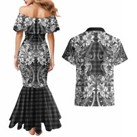 Hawaii Palaka Couples Matching Mermaid Dress and Hawaiian Shirt Black Tribal Pattern With Tropical Flowers - Polynesian Pride