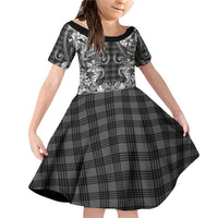 Hawaii Palaka Family Matching Off Shoulder Short Dress and Hawaiian Shirt Black Tribal Pattern With Tropical Flowers - Polynesian Pride