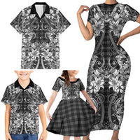 Hawaii Palaka Family Matching Short Sleeve Bodycon Dress and Hawaiian Shirt Black Tribal Pattern With Tropical Flowers - Polynesian Pride