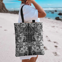 Hawaii Palaka Tote Bag Black Tribal Pattern With Tropical Flowers - Polynesian Pride