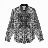 Hawaii Palaka Women Casual Shirt Black Tribal Pattern With Tropical Flowers - Polynesian Pride