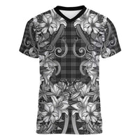 Hawaii Palaka Women V-Neck T-Shirt Black Tribal Pattern With Tropical Flowers - Polynesian Pride
