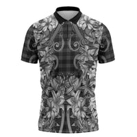 Hawaii Palaka Zipper Polo Shirt Black Tribal Pattern With Tropical Flowers - Polynesian Pride