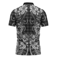 Hawaii Palaka Zipper Polo Shirt Black Tribal Pattern With Tropical Flowers - Polynesian Pride