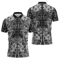 Hawaii Palaka Zipper Polo Shirt Black Tribal Pattern With Tropical Flowers - Polynesian Pride