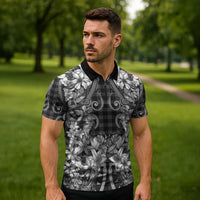 Hawaii Palaka Zipper Polo Shirt Black Tribal Pattern With Tropical Flowers - Polynesian Pride