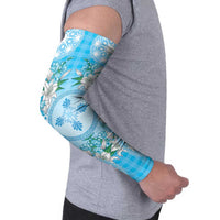Hawaii Cyan Palaka Arm Sleeves With Tapa Pattern Tropical Flowers - Polynesian Pride