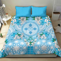 Hawaii Cyan Palaka Bedding Set With Tapa Pattern Tropical Flowers - Polynesian Pride