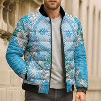 Hawaii Cyan Palaka Bomber Puffer Jacket With Tapa Pattern Tropical Flowers - Polynesian Pride