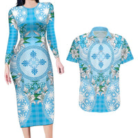 Hawaii Cyan Palaka Couples Matching Long Sleeve Bodycon Dress and Hawaiian Shirt With Tapa Pattern Tropical Flowers - Polynesian Pride