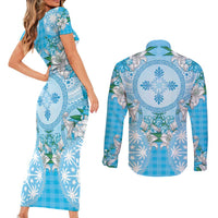 Hawaii Cyan Palaka Couples Matching Short Sleeve Bodycon Dress and Long Sleeve Button Shirt With Tapa Pattern Tropical Flowers - Polynesian Pride