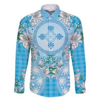 Hawaii Cyan Palaka Family Matching Long Sleeve Bodycon Dress and Hawaiian Shirt With Tapa Pattern Tropical Flowers - Polynesian Pride