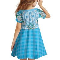 Hawaii Cyan Palaka Family Matching Off The Shoulder Long Sleeve Dress and Hawaiian Shirt With Tapa Pattern Tropical Flowers - Polynesian Pride