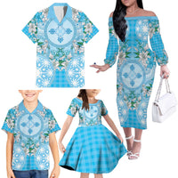 Hawaii Cyan Palaka Family Matching Off The Shoulder Long Sleeve Dress and Hawaiian Shirt With Tapa Pattern Tropical Flowers - Polynesian Pride