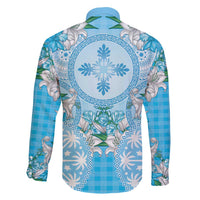 Hawaii Cyan Palaka Family Matching Off Shoulder Short Dress and Hawaiian Shirt With Tapa Pattern Tropical Flowers - Polynesian Pride