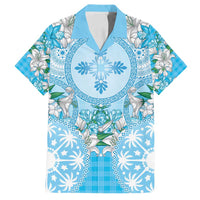 Hawaii Cyan Palaka Family Matching Puletasi and Hawaiian Shirt With Tapa Pattern Tropical Flowers LT05 Dad's Shirt - Short Sleeve Cyan - Polynesian Pride