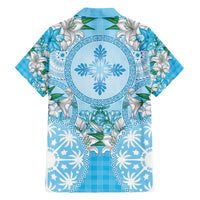 Hawaii Cyan Palaka Family Matching Puletasi and Hawaiian Shirt With Tapa Pattern Tropical Flowers LT05 - Polynesian Pride