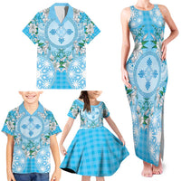 Hawaii Cyan Palaka Family Matching Tank Maxi Dress and Hawaiian Shirt With Tapa Pattern Tropical Flowers - Polynesian Pride
