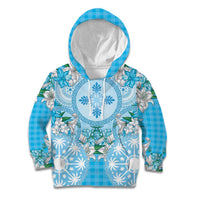 Hawaii Cyan Palaka Kid Hoodie With Tapa Pattern Tropical Flowers - Polynesian Pride
