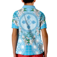 Hawaii Cyan Palaka Kid Polo Shirt With Tapa Pattern Tropical Flowers - Polynesian Pride