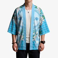 Hawaii Cyan Palaka Kimono With Tapa Pattern Tropical Flowers LT05 - Polynesian Pride