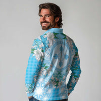Hawaii Cyan Palaka Long Sleeve Polo Shirt With Tapa Pattern Tropical Flowers - Polynesian Pride