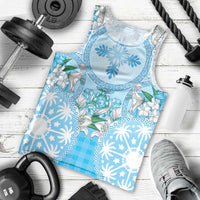 Hawaii Cyan Palaka Men Tank Top With Tapa Pattern Tropical Flowers - Polynesian Pride
