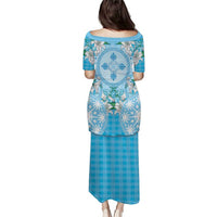 Hawaii Cyan Palaka Puletasi With Tapa Pattern Tropical Flowers - Polynesian Pride