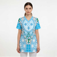 Hawaii Cyan Palaka Scrub Top With Tapa Pattern Tropical Flowers - Polynesian Pride