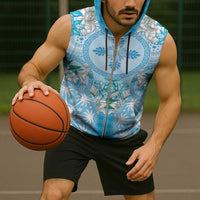 Hawaii Cyan Palaka Sleeveless Zip Hoodie With Tapa Pattern Tropical Flowers - Polynesian Pride