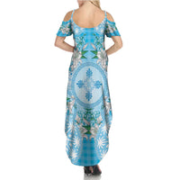 Hawaii Cyan Palaka Summer Maxi Dress With Tapa Pattern Tropical Flowers - Polynesian Pride