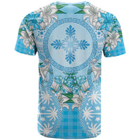 Hawaii Cyan Palaka T Shirt With Tapa Pattern Tropical Flowers - Polynesian Pride