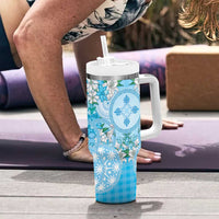 Hawaii Cyan Palaka Tumbler With Handle With Tapa Pattern Tropical Flowers - Polynesian Pride