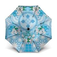 Hawaii Cyan Palaka Umbrella With Tapa Pattern Tropical Flowers - Polynesian Pride