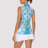 Hawaii Cyan Palaka Women Sleeveless Polo Shirt With Tapa Pattern Tropical Flowers - Polynesian Pride
