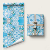 Hawaii Cyan Palaka Wrapping Paper With Tapa Pattern Tropical Flowers - Polynesian Pride