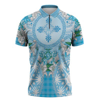 Hawaii Cyan Palaka Zipper Polo Shirt With Tapa Pattern Tropical Flowers - Polynesian Pride