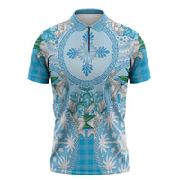Hawaii Cyan Palaka Zipper Polo Shirt With Tapa Pattern Tropical Flowers - Polynesian Pride