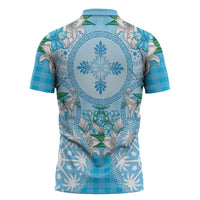 Hawaii Cyan Palaka Zipper Polo Shirt With Tapa Pattern Tropical Flowers - Polynesian Pride