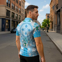 Hawaii Cyan Palaka Zipper Polo Shirt With Tapa Pattern Tropical Flowers - Polynesian Pride