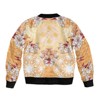 Hawaii Peach Palaka Bomber Jacket With Tapa Pattern Tropical Flowers - Polynesian Pride