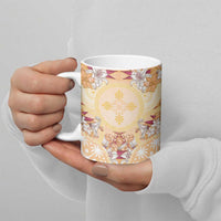 Hawaii Peach Palaka Ceramic Mug With Tapa Pattern Tropical Flowers - Polynesian Pride