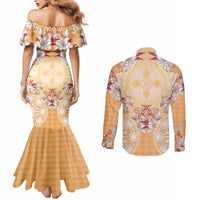 Hawaii Peach Palaka Couples Matching Mermaid Dress and Long Sleeve Button Shirt With Tapa Pattern Tropical Flowers - Polynesian Pride